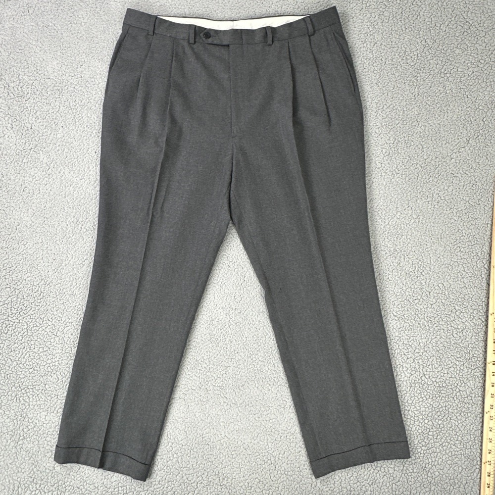 Oscar De La Renta Double Pleated Wool Dress Pants 42R Grey Straight Lined Cuffed